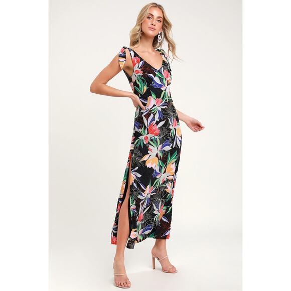 LULUS Beloved Becky Black Long Tropical Floral Maxi Dress Size Small‎ - Picture 1 of 13
